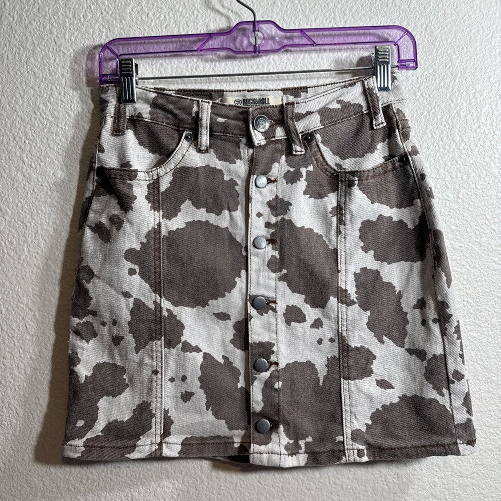Rock & Roll Denim Mini Skirt Brown Cow Print 26 Country Western Cowgirl Rodeo